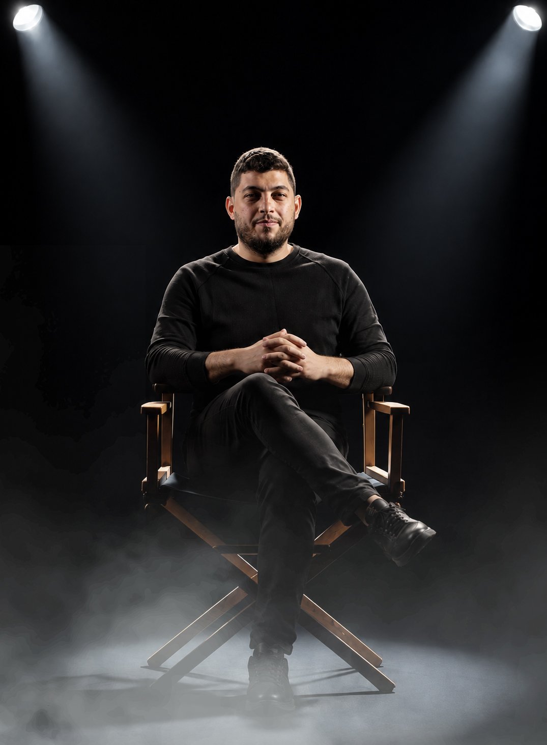 Chafic Kolaylat, Deaf Art Director, seated on a director's chair under stage lights